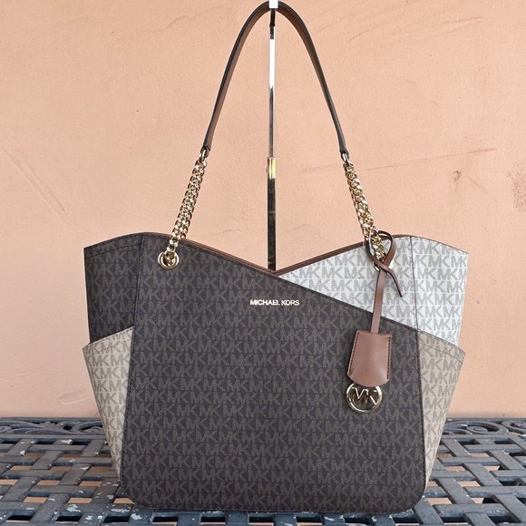 Michael Kors Jet Set Travel Large X Chain Color-Block Tote Shoulder Bag MK Brown - Picture 1 of 12